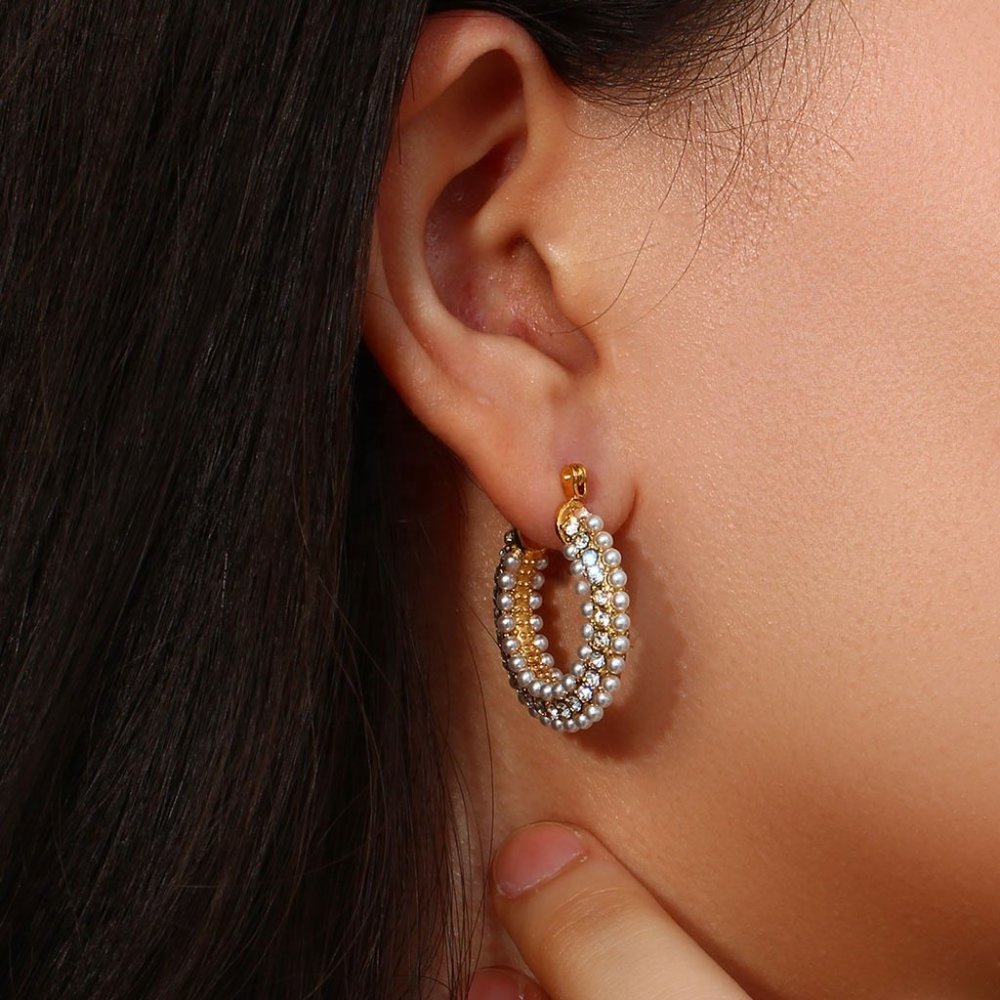 Zircon & Imitation Pearl Hoop Earrings 18K Gold Plated Stainless Steel - Picture 6 of 10